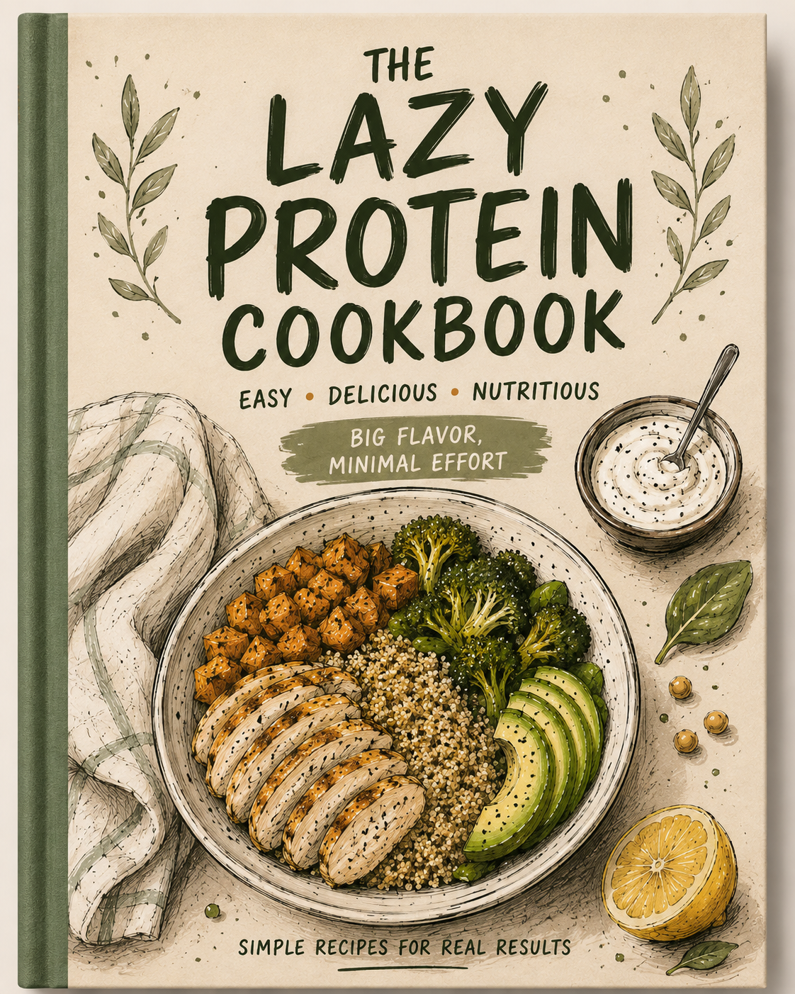 The Lazy Protein Cookbook cover showing a high-protein chicken and vegetable bowl