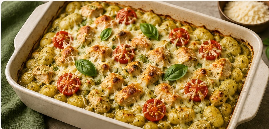 Pesto chicken gnocchi bake from The Lazy Protein Cookbook